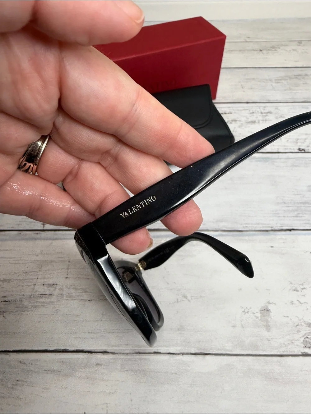 Valentino Black Cat-Eye Sunglasses with Glitter Temple Accents